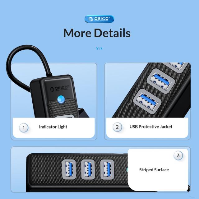 Хъб Orico USB3.1 3 port + LAN 1000M, USB 3.1 Type-C - PW3UR-C3-015-BK