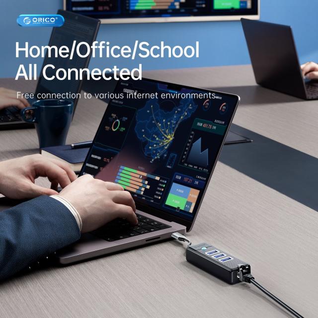 Хъб Orico USB3.1 3 port + LAN 1000M, USB 3.1 Type-C - PW3UR-C3-015-BK