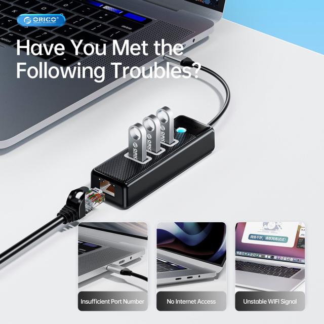 Хъб Orico USB3.0 3 port + LAN 1000M - PW3UR-U3-015-BK