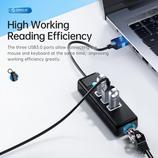 Хъб Orico USB3.0 3 port + LAN 1000M - PW3UR-U3-015-BK