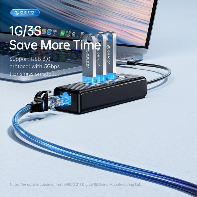 Хъб Orico USB3.0 3 port + LAN 1000M - PW3UR-U3-015-BK
