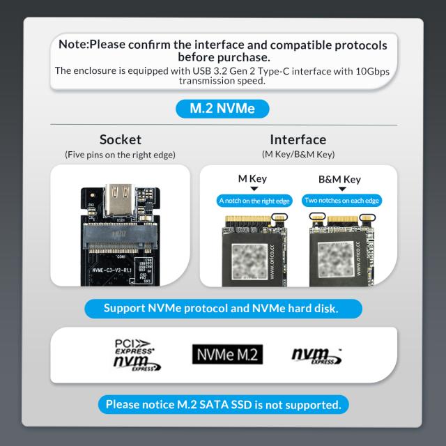 Кутия Orico за SSD, Storage - Case - M.2 NVMe M-key 10 Gbps Space Gray - MM2C3-G2-GY