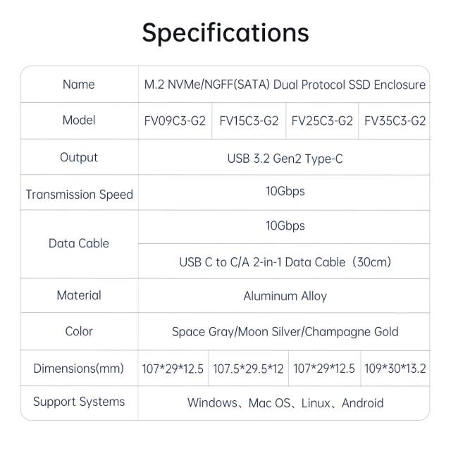 Кутия Orico за SSD, Storage - Case - M.2 NVMe M-key 10 Gbps Aluminum Heatsink Silver - FV35C3-G2-SV