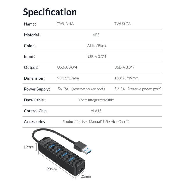 Хъб Orico USB3.0 HUB 4 port - Type C input, 0.15m cable, aux Type-C power input - TWU3-4A-BK