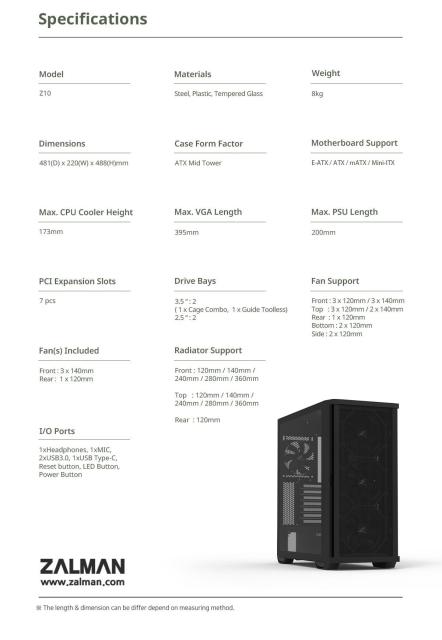 Кутия Zalman Z10 Mesh, 1 x USB 3.1 Type-C, 2 x USB 3.0, HD Audio Headphones, HD Audio Mic, EATX /ATX/ mATX/Mini-ITX, черна