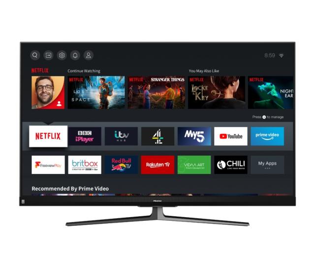 Телевизор Hisense 65" U8QF, 4K Ultra HD 3840x2160, ULED, FALD, Quantum Dot, 120Hz, HDR 10+, HLG, Dolby Vision, Dolby Atmos, Sound by JBL, Smart TV, WiFi 5GHz, WiFi Direct, BT, DLNA, 4xHDMI, 2xUSB, LAN, CI+, DVB-T2/C/S2, Black/Silver