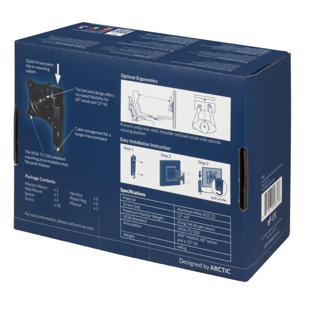 Стойка за монитор за стена Arctic W1A Wall Mount Monitor Arm, 13"-43" inch