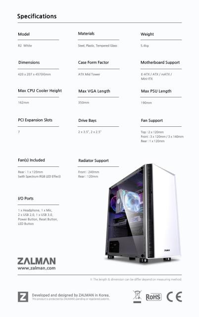 Кутия Zalman R2, 1x USB 3.0, 2 x USB 2.0, HD Audio Headphones/Mic, EATX/ATX/Micro ATX/Mini-ITX, бяла