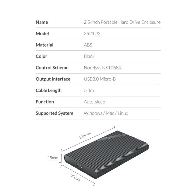 Кутия Orico, 2.5", SSD, HDD Storage - Case - 2.5 inch USB3.0 - 2521U3-BK-EP