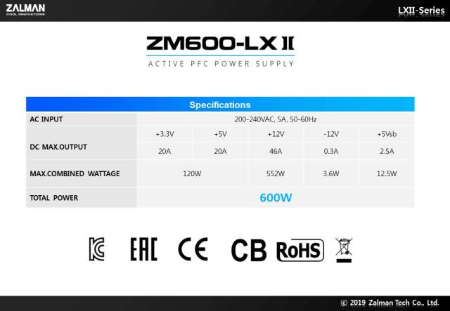 Захранване Zalman ZM600-LXII, PSU 600W, Active PFC