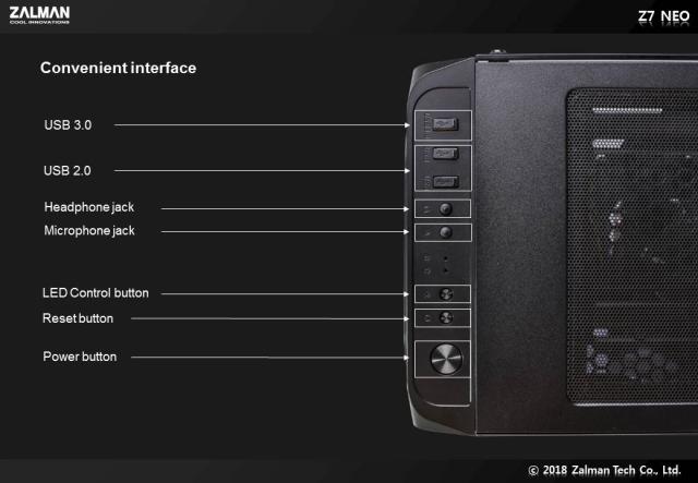Кутия Zalman Z7 NEO RGB Sync, 1 x USB 3.0, 2 x USB, 2.0, HD Audio Headphones, HD Audio Mic, ATX/ mATX/ Mini-ITX, черна