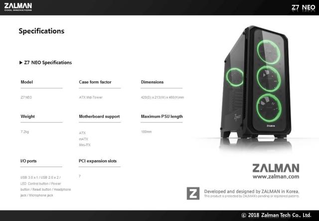 Кутия Zalman Z7 NEO RGB Sync, 1 x USB 3.0, 2 x USB, 2.0, HD Audio Headphones, HD Audio Mic, ATX/ mATX/ Mini-ITX, черна