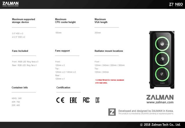 Кутия Zalman Z7 NEO RGB Sync, 1 x USB 3.0, 2 x USB, 2.0, HD Audio Headphones, HD Audio Mic, ATX/ mATX/ Mini-ITX, черна
