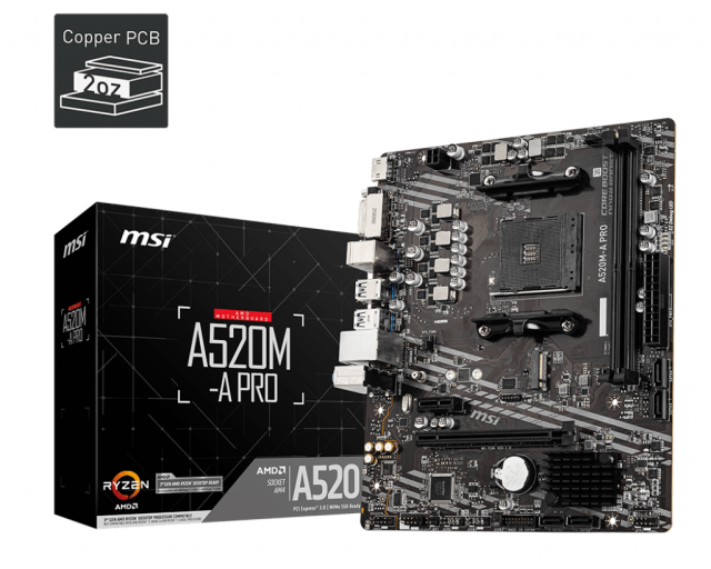 Дънна платка MSI A520M-A PRO AM4, A520, DDR4, PCIe (HDMI/DVI-D), 4x SATA 6Gb/s, M.2, USB 3.2, Micro ATX