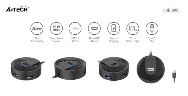USB хъб A4tech HUB-30C, 4 портов, USB 3.0, 5120 Mbit/s, Черен