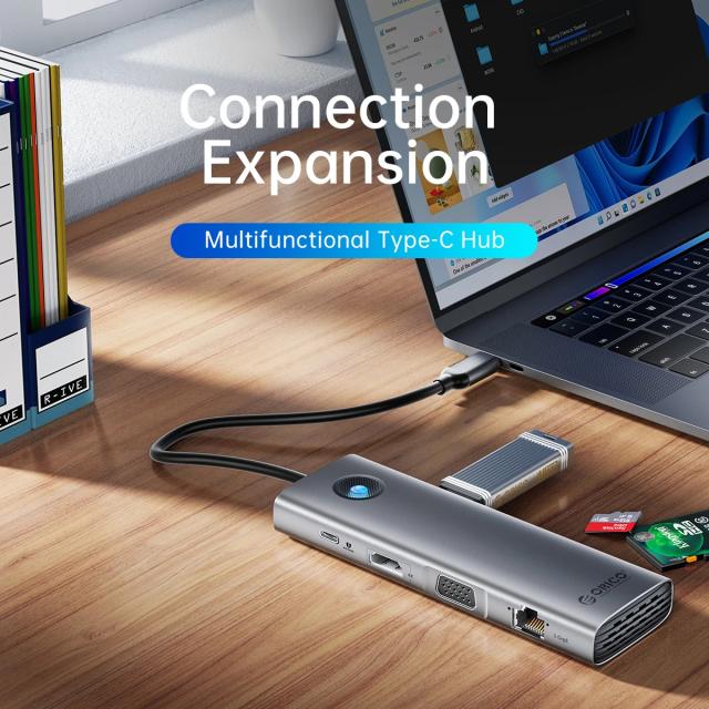 Мултипортов адаптер Orico Type-C Docking Station Power Distribution 100W - HDMI, Type-C x 1, USB3.0 x 2, USB 2.0 x 1, LAN 1000Mbps Gigabit, VGA