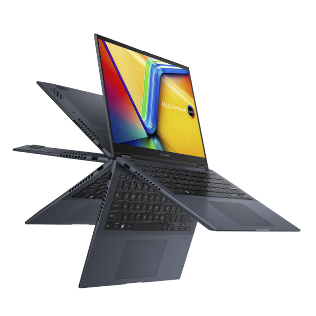 Лаптоп ASUS VIVOBOOK S14 FLIP, (14-ядрен) Alder Lake Intel Core i7-12700H 3.5/4.7 GHz, 14.0" (35.56 cm) 2.8K OLED TOUCH, 16GB DDR4, 1TB M.2 NVMe PCIe 3.0, Windows 11 Pro 