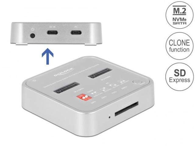 Докинг станция Delock 1 x M.2 NVMe SSD + 1 x M.2 SATA SSD, SD Express Card Reader, Клониране