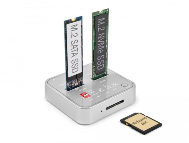 Докинг станция Delock 1 x M.2 NVMe SSD + 1 x M.2 SATA SSD, SD Express Card Reader, Клониране