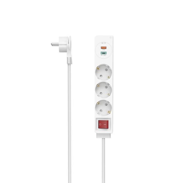Разклонител  HAMA, USB-C/USB-A 3.4A, 3 гнезда, 2x USB, PD/Quick charge, макс 18W, 1.4м, 3680W, бял
