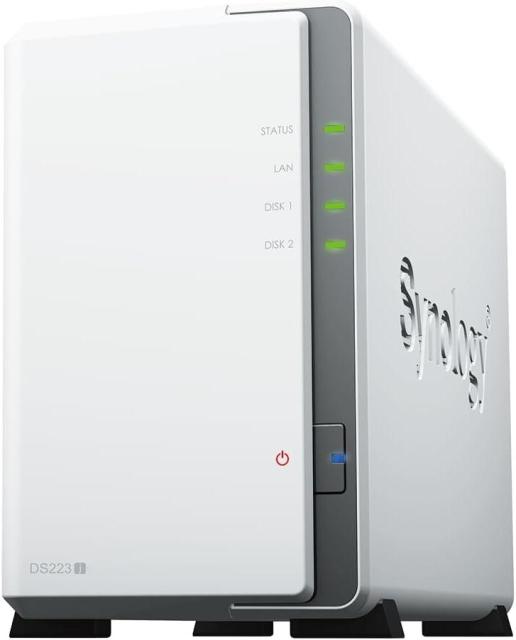 Мрежов сторидж Synology DS223j, Tower, 2-bays 3.5'' SATA HDD/SSD, CPU 4-core 1.7 GHz; 1 GB DDR4 non-ECC; 1 x RJ-45 1GbE LAN Port; 2 x USB 3.2 Gen1