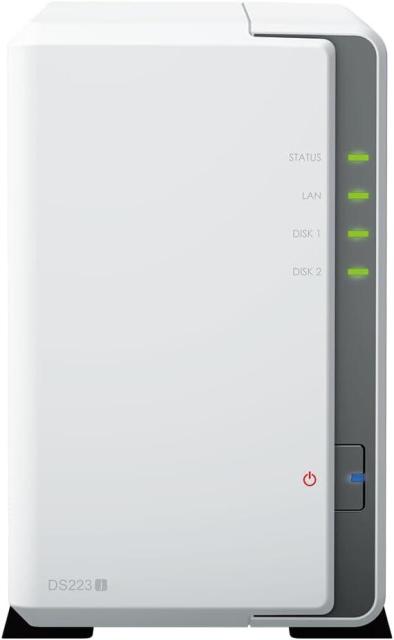 Мрежов сторидж Synology DS223j, Tower, 2-bays 3.5'' SATA HDD/SSD, CPU 4-core 1.7 GHz; 1 GB DDR4 non-ECC; 1 x RJ-45 1GbE LAN Port; 2 x USB 3.2 Gen1