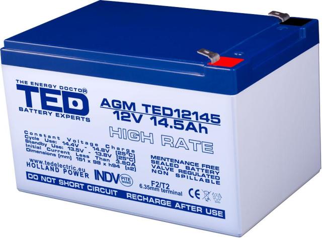 Оловна Батерия TED ELECTRIC  EV12 -14.5, За електрически колички, AGM  12V / 14.5 Ah - 151 / 98 / 95mm терминал2