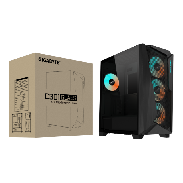 Кутия Gigabyte C301 Black, Tempered Glass, Mid-Tower, RGB Fusion, USB 3.1 Gen2 Type-C x1, USB 3.0 x2, Audio In, E-ATX