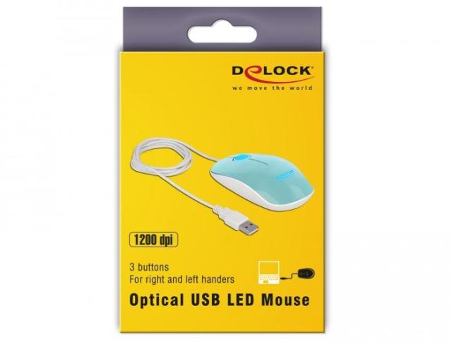 Mишка DeLock oптична, 5 бутона, Кабел 1.3 м, USB, 1200 dpi, Тюркоаз