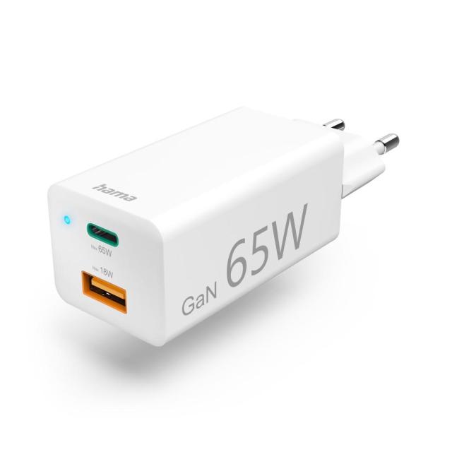 Заряднo HAMA GaN, 1x USB-C PD, 1x USB-A QC, 65 W, бял