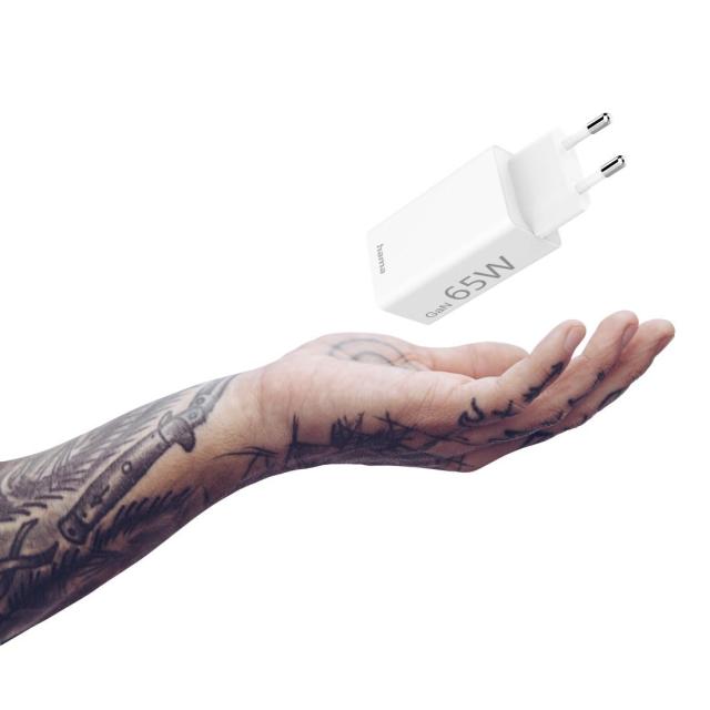 Заряднo HAMA GaN, 1x USB-C PD, 1x USB-A QC, 65 W, бял