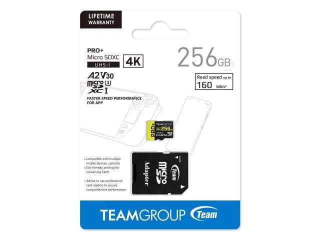 Карта памет Team Group PRO Plus microSDXC 256GB, UHS-I U3, A2, V30 + SD Адаптер