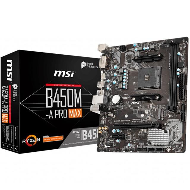 Дънна платка MSI B450M-A PRO MAX, B450, AM4, 2xDDR4, PCIe 3.0, 4x SATA 6Gb/s, 1x M.2, 6x USB 3.2 Gen1, mATX