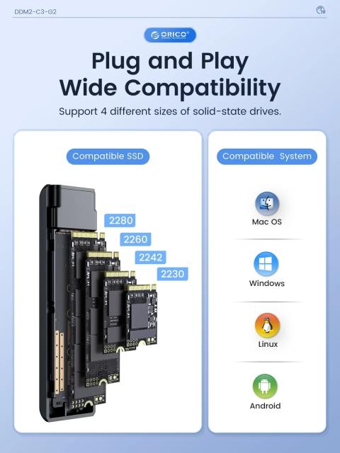 Кутия за SSD Orico M.2 NVMe/SATA M/B key - USB3.1 Type-C Gen.2 10Gbps