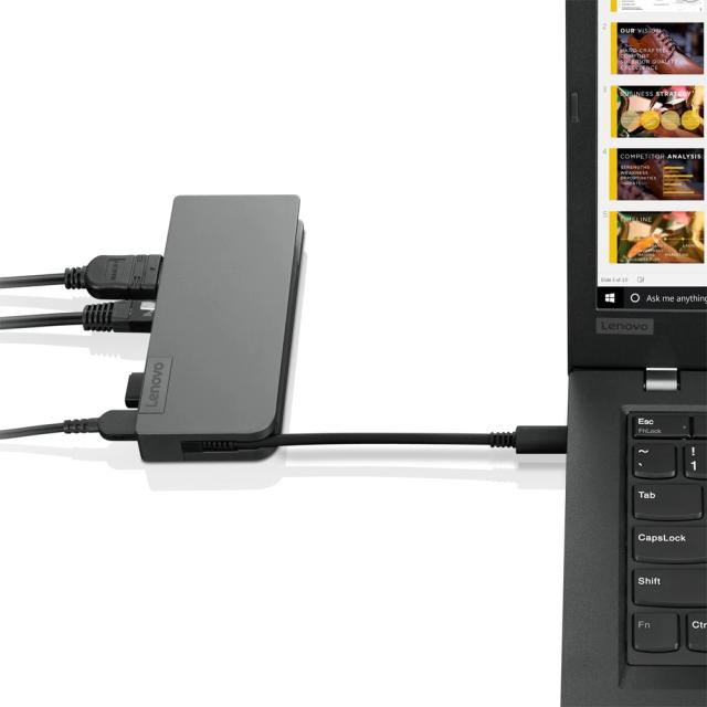 Докинг станция Lenovo Powered USB Type-C TRAVEL HUB, от USB Type-C към 1x USB Type-C (PD), 2x USB A, 1x HDMI, 1x VGA, 1x RJ45, черна