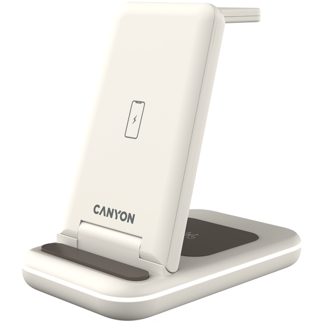 Безжична станция за зареждане на iWatch / iPhone / TWS слушалки Canyon WS-304, 3-В-1 за безжичнно зареждане, 15W/10W/7.5W/5W, бежово