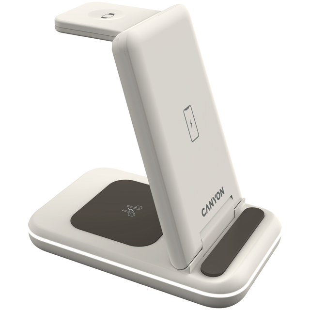 Безжична станция за зареждане на iWatch / iPhone / TWS слушалки Canyon WS-304, 3-В-1 за безжичнно зареждане, 15W/10W/7.5W/5W, бежово
