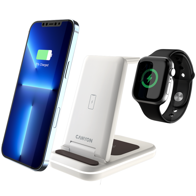 Безжична станция за зареждане на iWatch / iPhone / TWS слушалки Canyon WS-304, 3-В-1 за безжичнно зареждане, 15W/10W/7.5W/5W, бежово