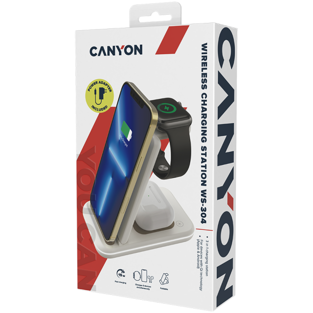 Безжична станция за зареждане на iWatch / iPhone / TWS слушалки Canyon WS-304, 3-В-1 за безжичнно зареждане, 15W/10W/7.5W/5W, бежово