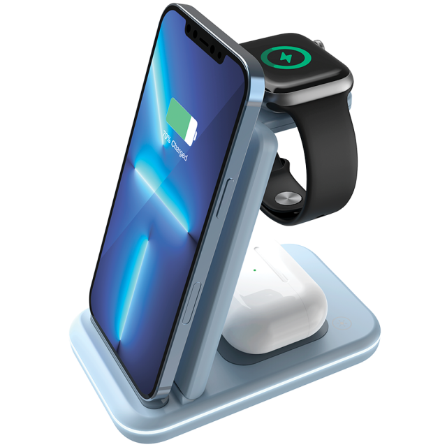 Безжична станция за зареждане на iWatch / iPhone / TWS слушалки Canyon WS-304, 3-В-1 за безжичнно зареждане, 15W/10W/7.5W/5W, син