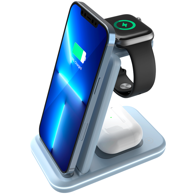 Безжична станция за зареждане на iWatch / iPhone / TWS слушалки Canyon WS-304, 3-В-1 за безжичнно зареждане, 15W/10W/7.5W/5W, син