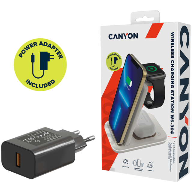 Безжична станция за зареждане на iWatch / iPhone / TWS слушалки Canyon WS-304, 3-В-1 за безжичнно зареждане, 15W/10W/7.5W/5W, син