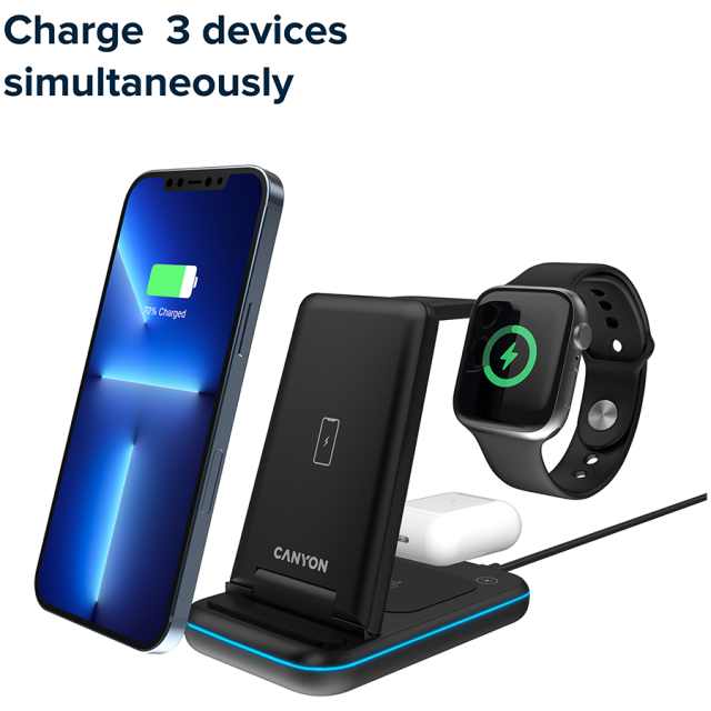 Безжична станция за зареждане на iWatch / iPhone / TWS слушалки Canyon WS-304, 3-В-1 за безжичнно зареждане, 15W/10W/7.5W/5W, син