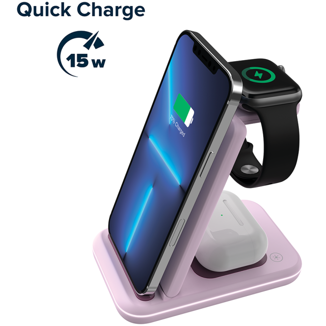 Безжична станция за зареждане на iWatch / iPhone / TWS слушалки Canyon WS-304, 3-В-1 за безжичнно зареждане, 15W/10W/7.5W/5W, син