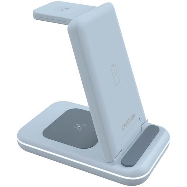 Безжична станция за зареждане на iWatch / iPhone / TWS слушалки Canyon WS-304, 3-В-1 за безжичнно зареждане, 15W/10W/7.5W/5W, син