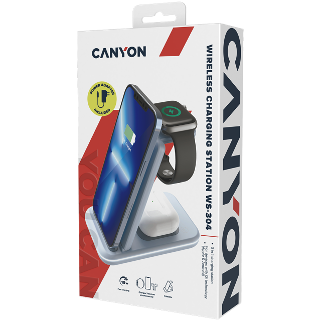 Безжична станция за зареждане на iWatch / iPhone / TWS слушалки Canyon WS-304, 3-В-1 за безжичнно зареждане, 15W/10W/7.5W/5W, син