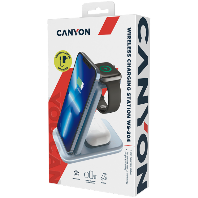 Безжична станция за зареждане на iWatch / iPhone / TWS слушалки Canyon WS-304, 3-В-1 за безжичнно зареждане, 15W/10W/7.5W/5W, син