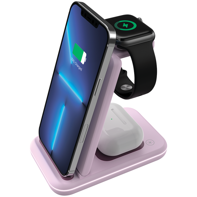 Безжична станция за зареждане на iWatch / iPhone / TWS слушалки Canyon WS-304, 3-В-1 за безжичнно зареждане, 15W/10W/7.5W/5W, розова