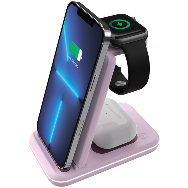 Безжична станция за зареждане на iWatch / iPhone / TWS слушалки Canyon WS-304, 3-В-1 за безжичнно зареждане, 15W/10W/7.5W/5W, розова