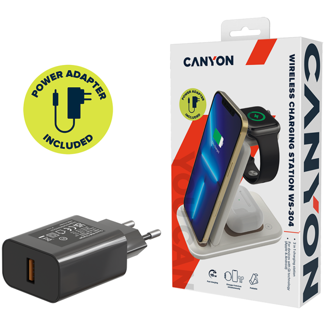 Безжична станция за зареждане на iWatch / iPhone / TWS слушалки Canyon WS-304, 3-В-1 за безжичнно зареждане, 15W/10W/7.5W/5W, розова